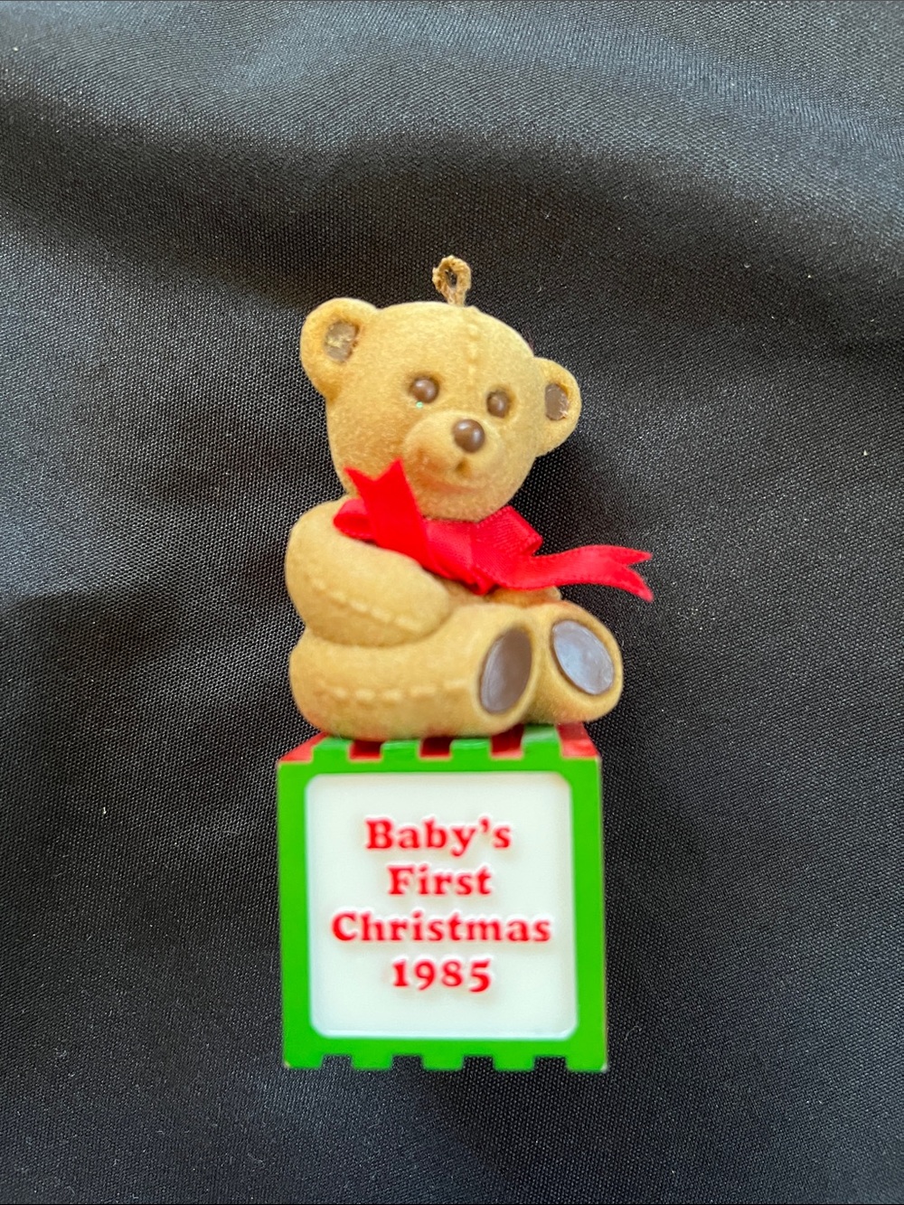 Vtg 1985 Baby’s First Christmas Ornament Teddy Bear On Block Hong Kong